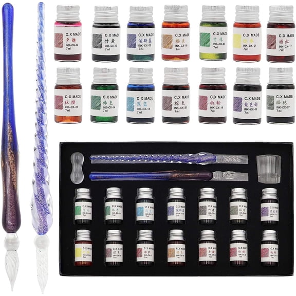 STONCEL Glass Dip Pen Set, 18-Pieces Calligraphy Pens Set - 14 Color Inks, Pen Holder, Cleaning Cup, 2 Crystal Glass Pens for Art, Writing, Drawing, Signatures, Gift for Artist