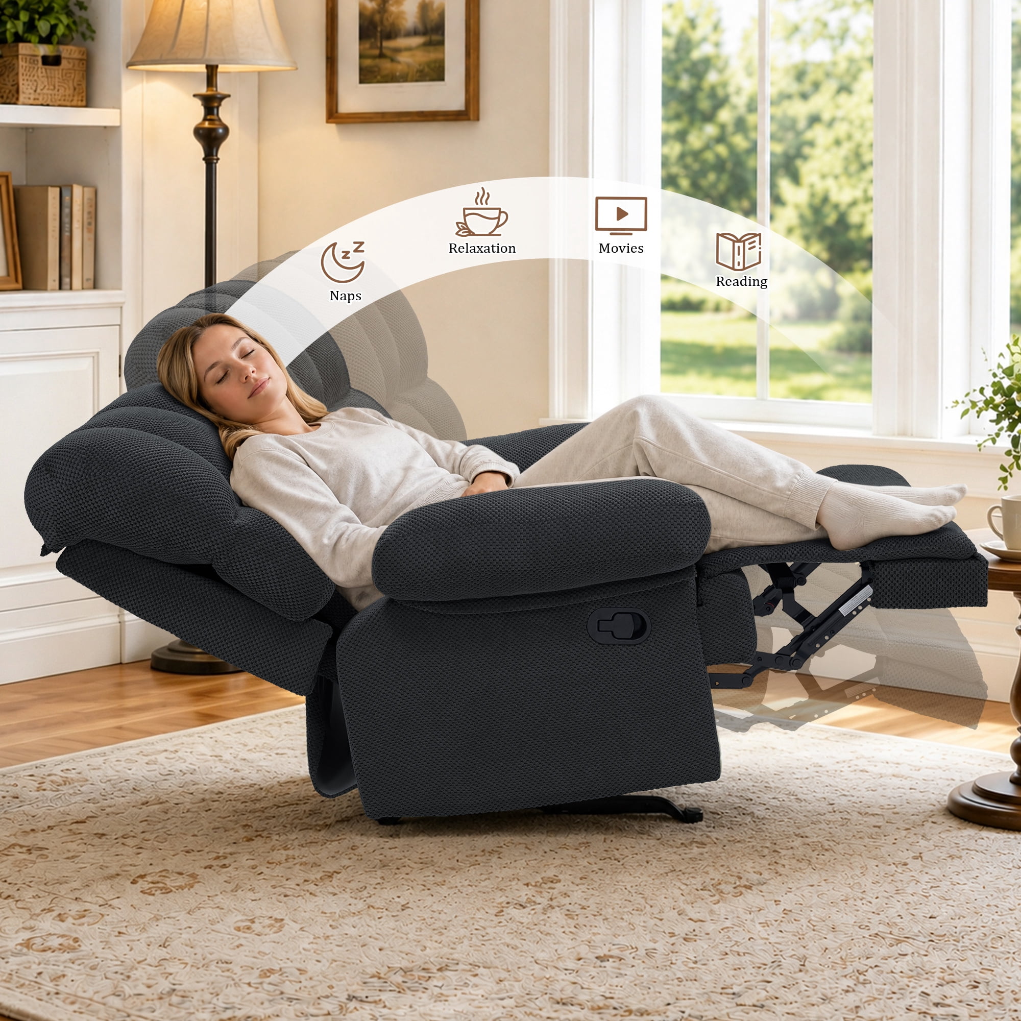 Lunale Manual Rocker Recliner for Home/Office, Adults Fabric Reclining Lounge Chair with Footrest, Gray Polyester