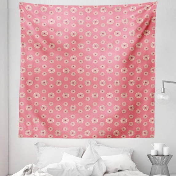 Floral Tapestry, Flowers with Little Hearts the Middle Romantic Love Theme, Fabric Wall Hanging Decor for Bedroom Living Room Dorm, 5 Sizes, Pale Yellow Pale Pink, by Ambesonne