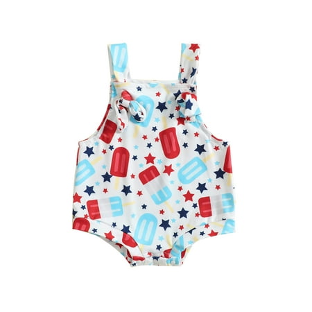 

jaweiwi Toddler Baby Girls 4th of July Summer Sling Romper 0 6M 12M 18M 24M 2T 3T Sleeveless Floral Popsicle Print Casual Playsuit for Independence Day