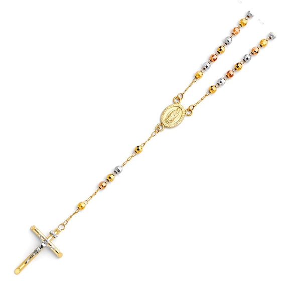 14K Tri Color Gold 4mm Ball DC Beaded Links Guadalupe Rosary Necklace 20"