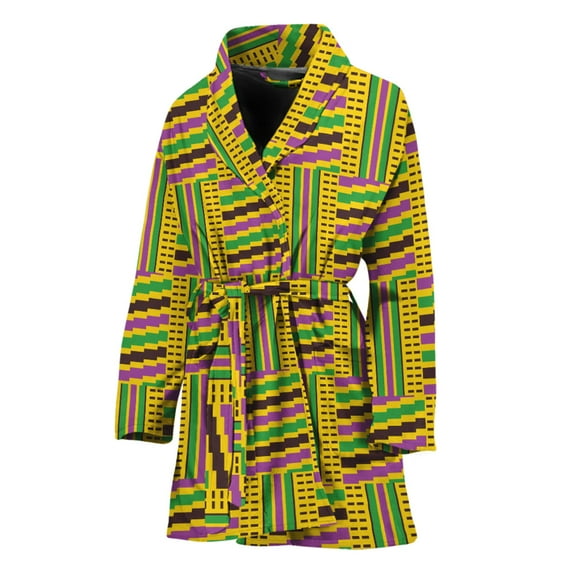 Ghana Kente Pattern Women Bathrobe One Size Univeral Fits Fashion Lightweight Plush Fleece Long Robe For Women