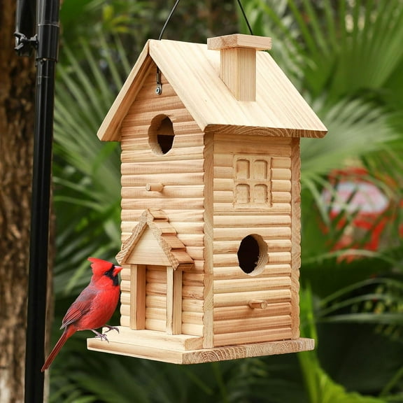 Bird House,Outdoor Bird Houses for Outside Clearance,2 Hole Wooden BlueBirdHouse Finch Cardinals Hanging Birdhouse 2 Rooms Nesting Box for Wild Bird Viewing