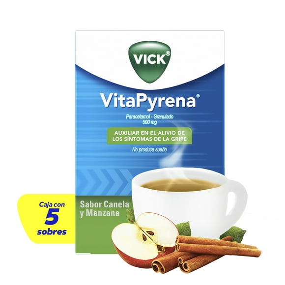 Vick VitaPyrena alivio de los síntomas de la gripa sabor canela y manzana 5 sobres