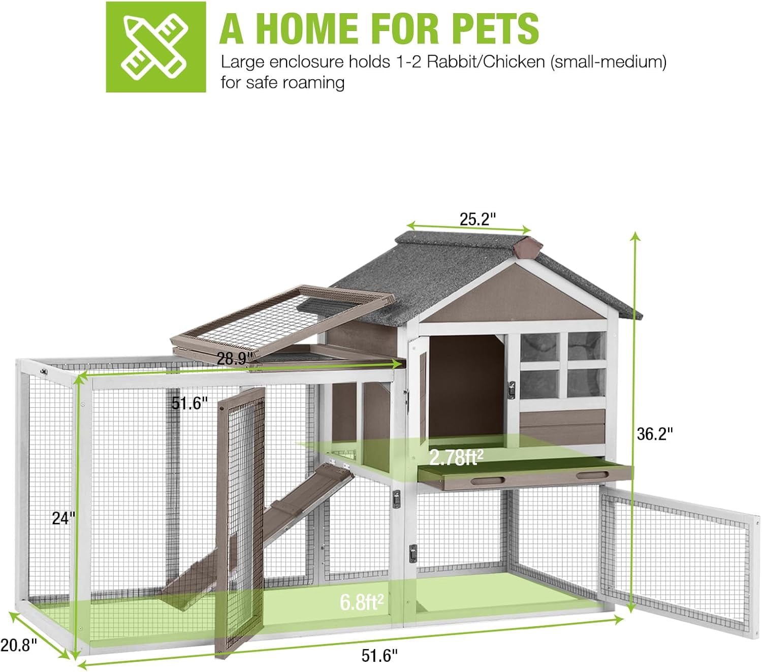 BUTINGLALE Rabbit Hutch Chicken Coop Expandable Indoor Bunny Cage Outdoor Guinea Pig Cage with Run 51.6" L, Brown