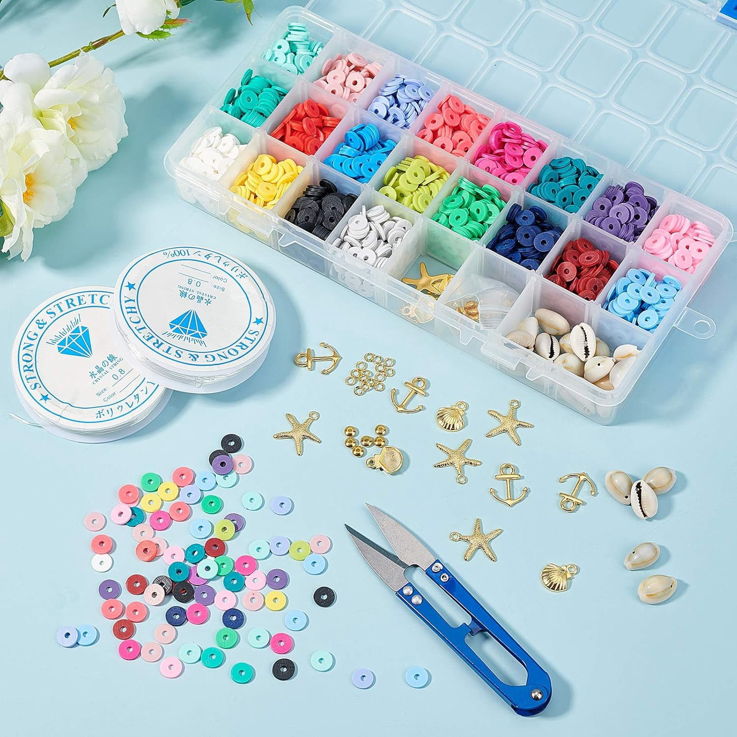 Handmade Polymer Clay Beads 4000 Pcs 20 Colors Flat Round Spacer Beads with Alloy Pendants and Cowrie Shell Beads for DIY Jewelry Necklace Bracelet Earring Craft Making