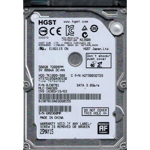 HGST HTS721050A9E630 P/N: 0J30701 MLC: DA6326 China 500GB