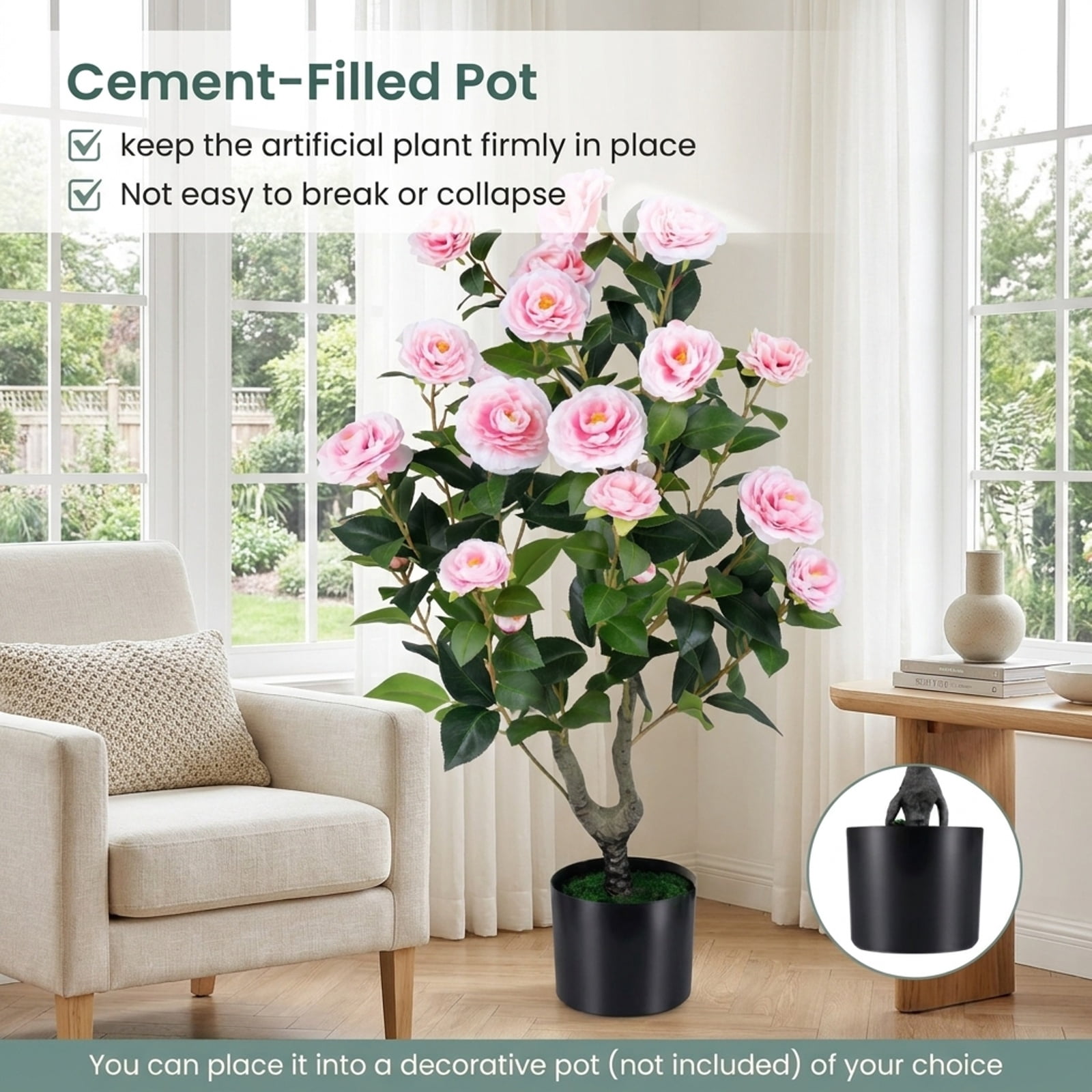 Vebreda Artificial Plant Decor, 2-Pack Artificial Camellia Tree Faux Flower Plant in Cement-Filled Pot, Lifelike & Elegant Design