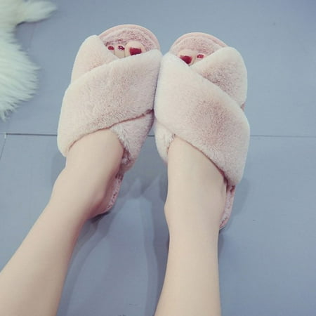 

GXSR Women s Cross Band Slippers Fuzzy Soft House Slippers Plush Furry Warm Cozy Open Toe FlufAF Home Shoes ComAF Winter Indoor Outdoor Slip On Breathable