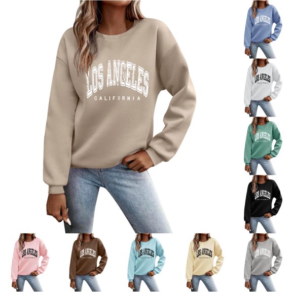 Tanghaowl Sweatshirts for Women Loose Fit Printed Round Neck Hooded Casual Long Sleeve Sweatshirt with Soft Breathable Material Khaki XL