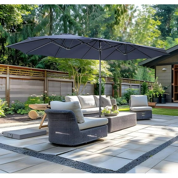 Weguard 15ft Double-Sided Patio Umbrella Twin Extra Large Umbrella with Crank Handle & Umbrella Base for Outdoor Patio Garden Market Pool Backyard, Navy blue