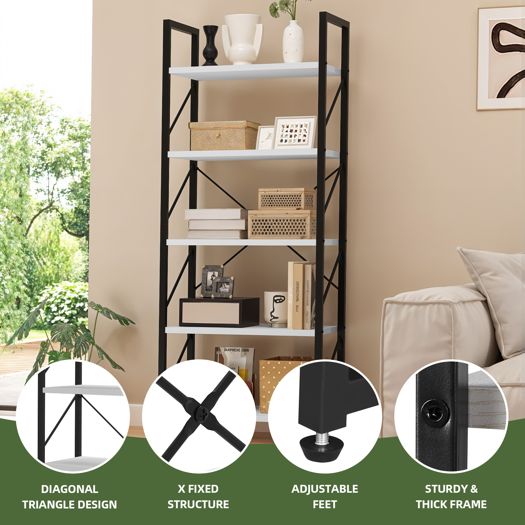 Uforic 5 Tier Bookshelf, Classically Home Office Bookcase Shelf Storage Organizer, Book Rack, White