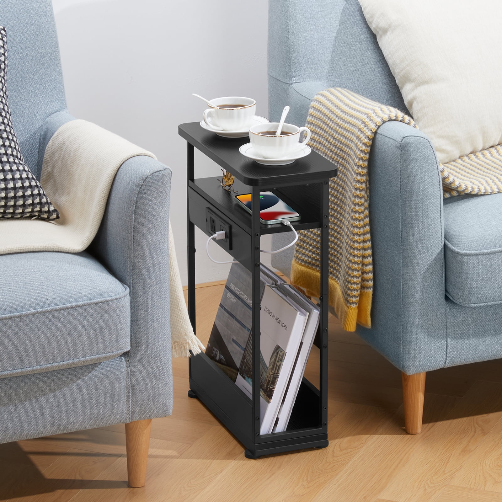 Narrow Side Table with Charging Station, 3 Tier Slim End Table with Storage Shelf for Small Spaces, 21.6 Inch Height Thin Tables Small Nightstand Magazine Rack for Living Room,Black