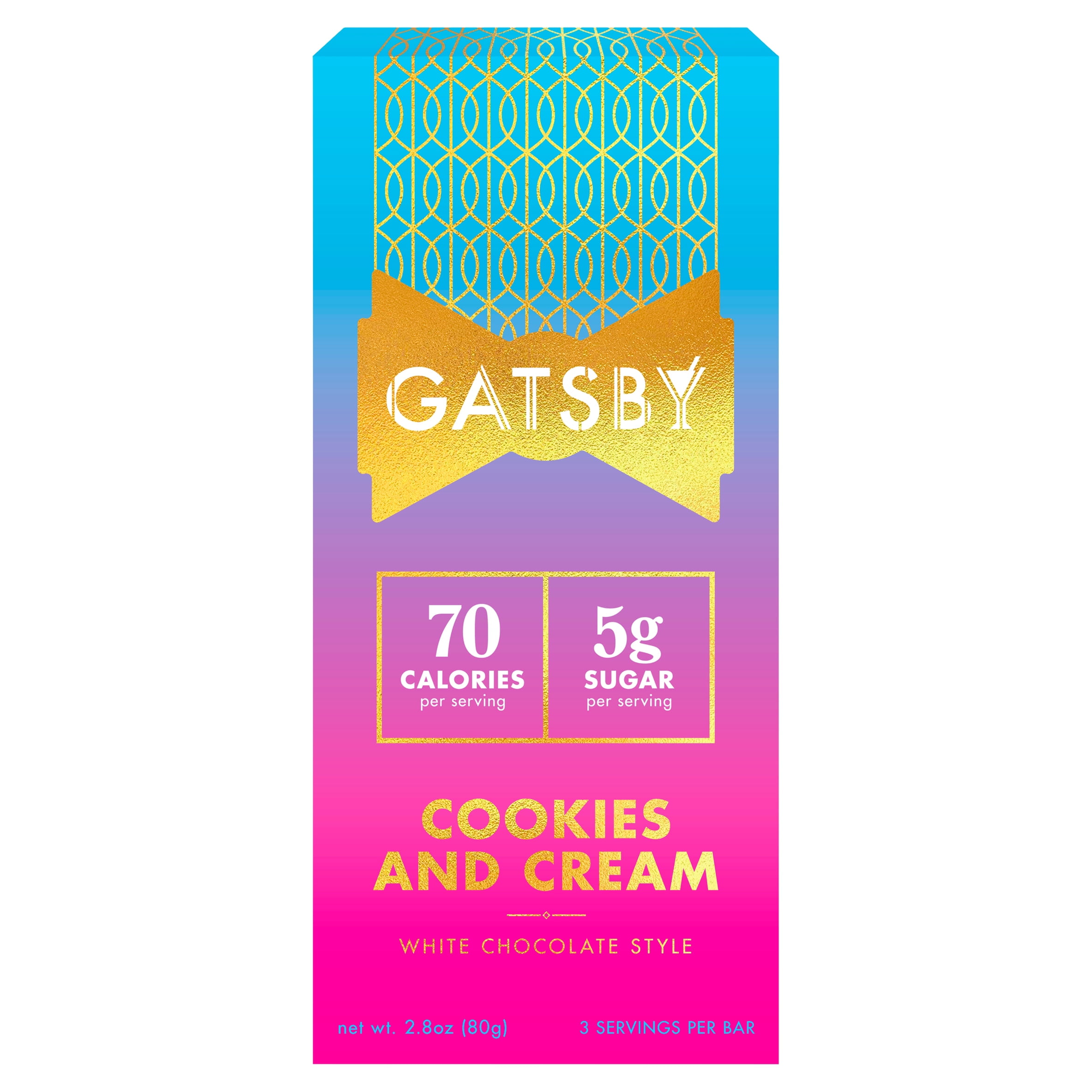 Gatsby Cookies and Cream White Chocolate Style Bars, 70 Calories Per Serving, Low-Calorie, Low-Sugar, Low-Carb, 2.8 oz