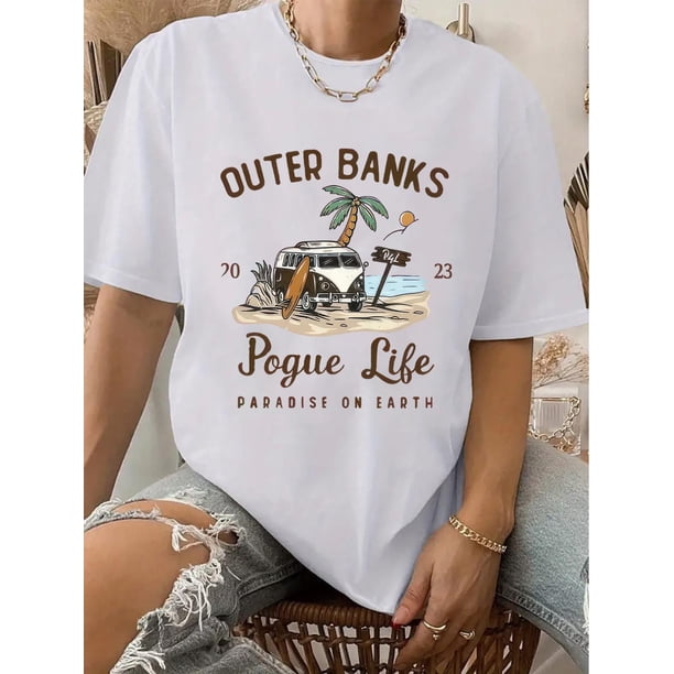 Casual Short Sleeve Outer Banks Print Crew Neck T-Shirt for Spring & Summer, Women's Clothing Tee For Adult, Men, Women, Teen, Teenager, Adolescent, Youth