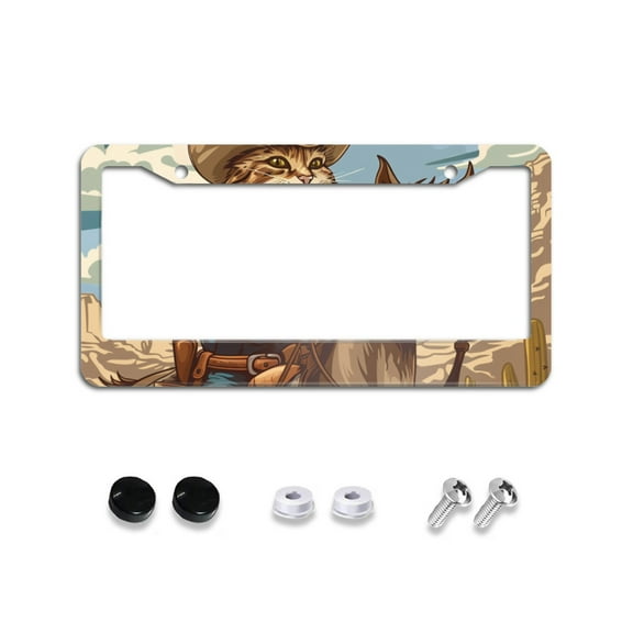 Funny Cowboy Cat License Plate Frames for Women Men Car Plate Holder Cover Metal Tag Aluminum Car Accessories Front Rear Plate Decor