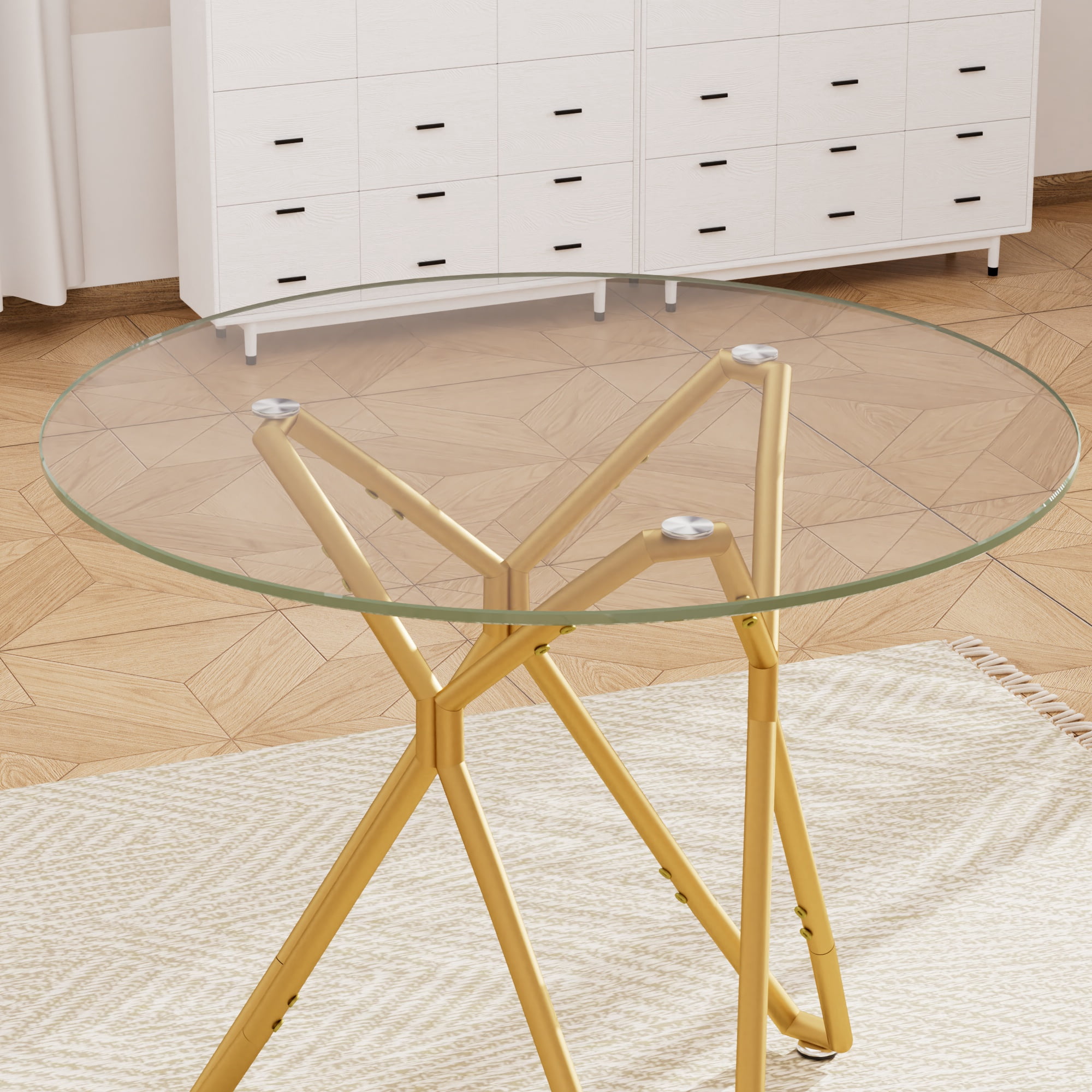 Miniyam 35.4" Round Modern Glass Dining Table with Metal Legs for Dining Room and Office