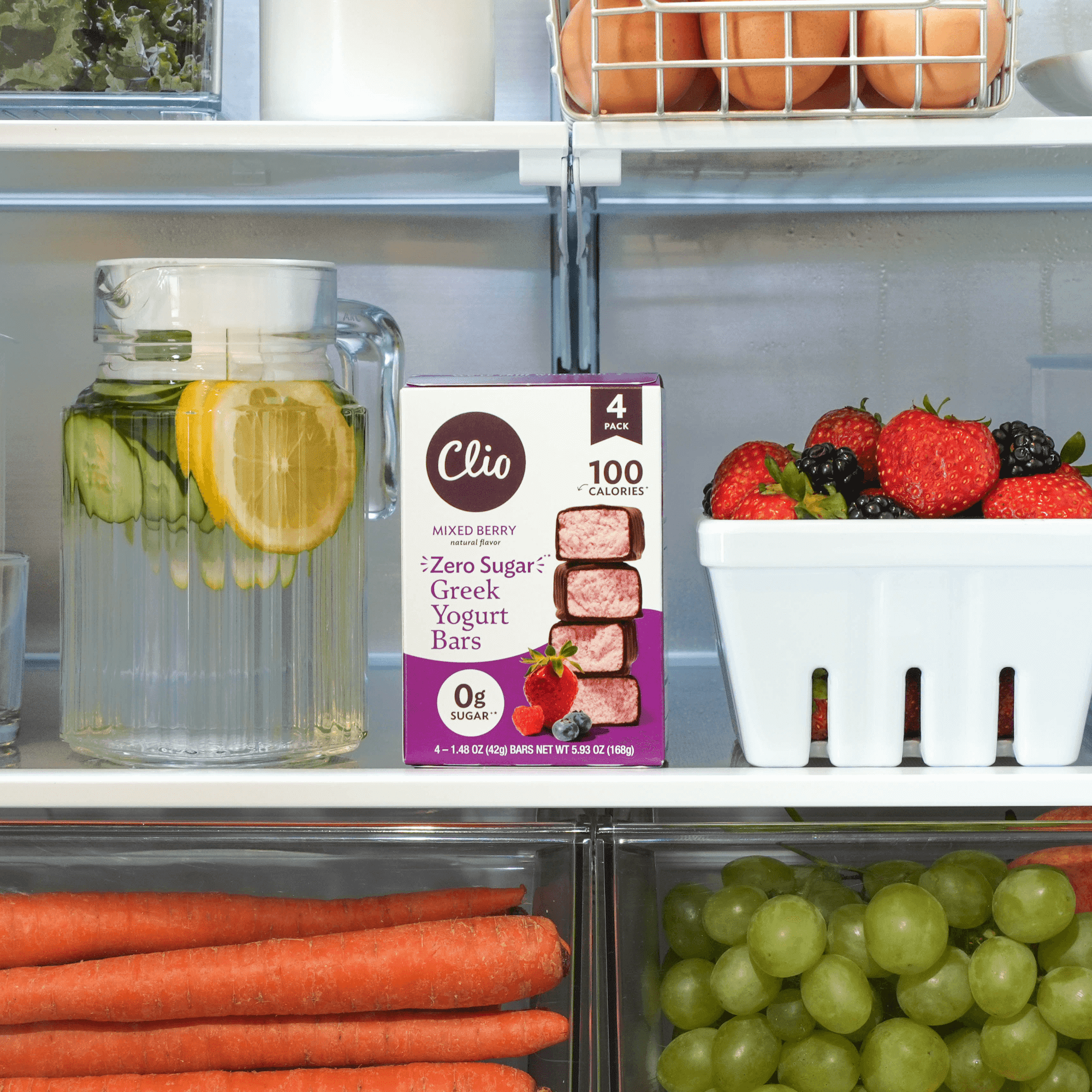 Clio Zero Sugar Mixed Berry Greek Yogurt Bar in Chocolatey Coating, 1.48 oz, 4 Ct