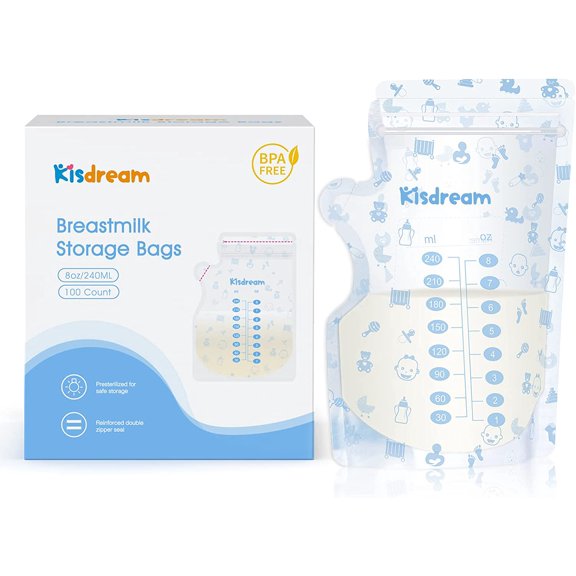 Kisdream Breast Milk Storage Bag 100 Count, Milk Bag for Breastmilk Breastfeeding Mom 8 Ounce/240ML, Pump Bags for Milk Storage with Easy Labeling, Space Saving & Pre-Sterilized Without BPA, 100ct