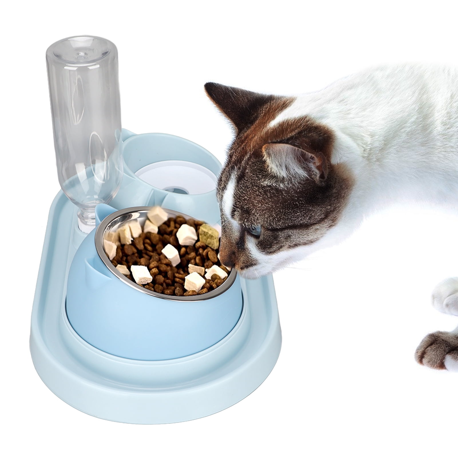 BIMZUC 3-in-1 Cat Food and Water Bowl Set, Automatic Water Dispenser, Tilted Stainless Steel Slow Feeder Bowl for Kittens, Puppies, Blue