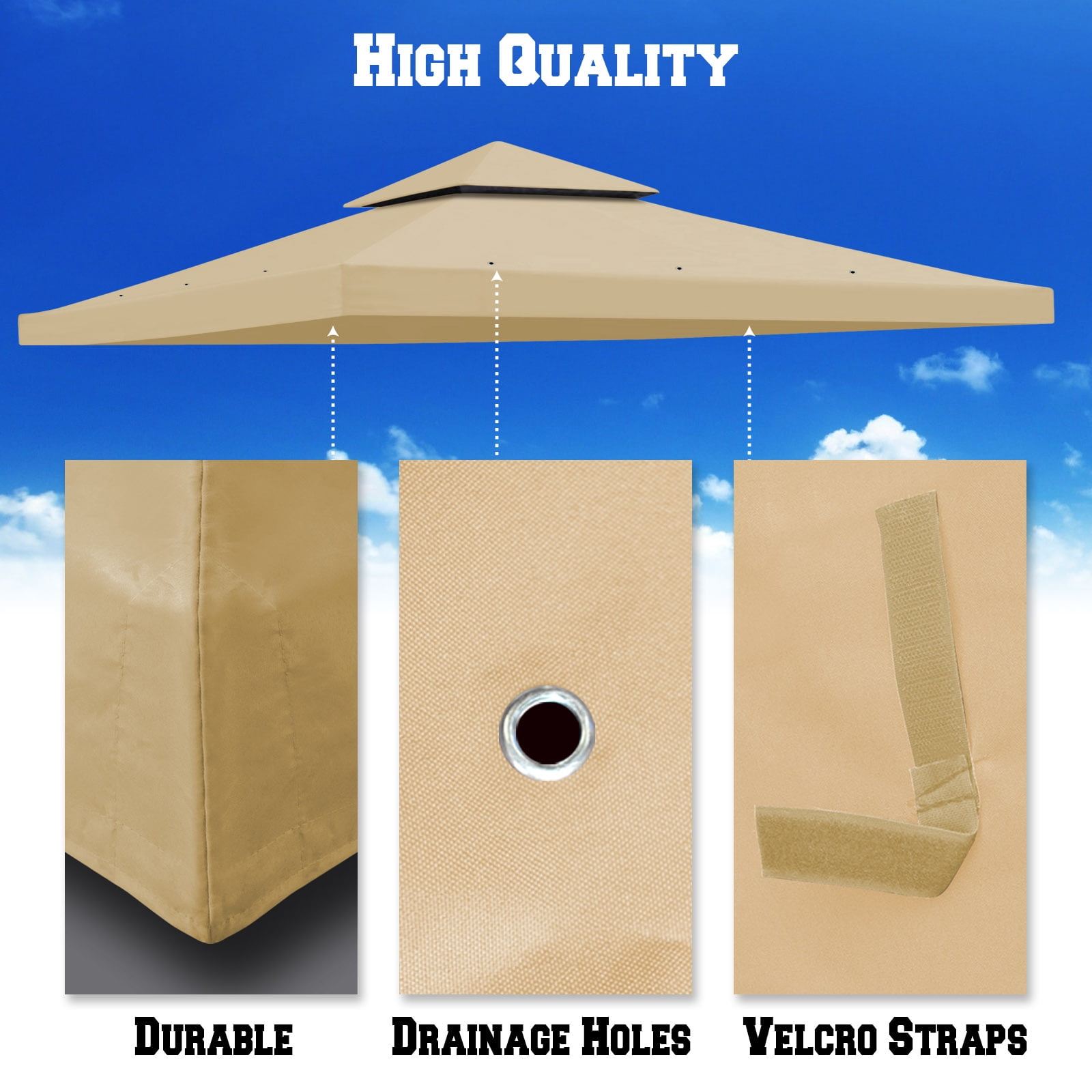 SUNNY 10x10 FT Gazebo Replacement Canopy Top Double Tier Canopy Top Cover (Beige)