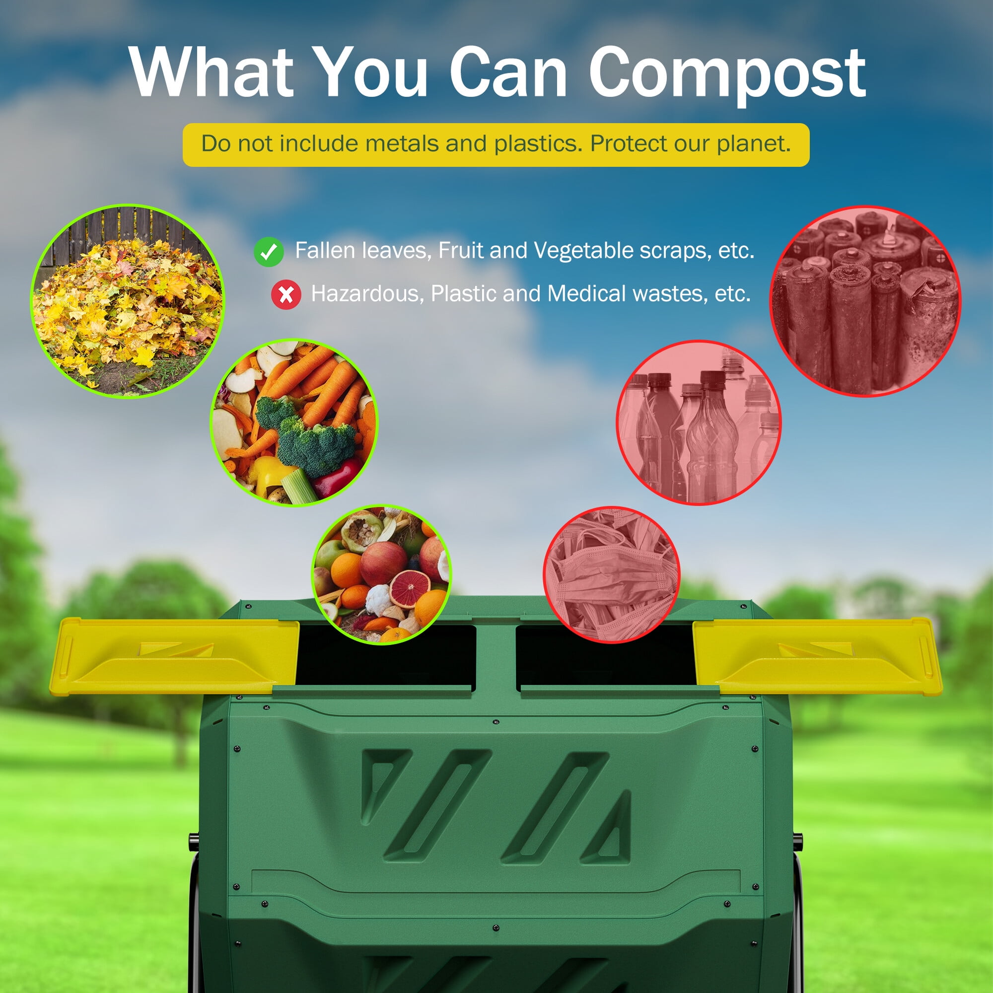 HomGarden 43Gal Tumbling Composter Bin 360° Dual Chamber BPA Free Green 36.4-in Height
