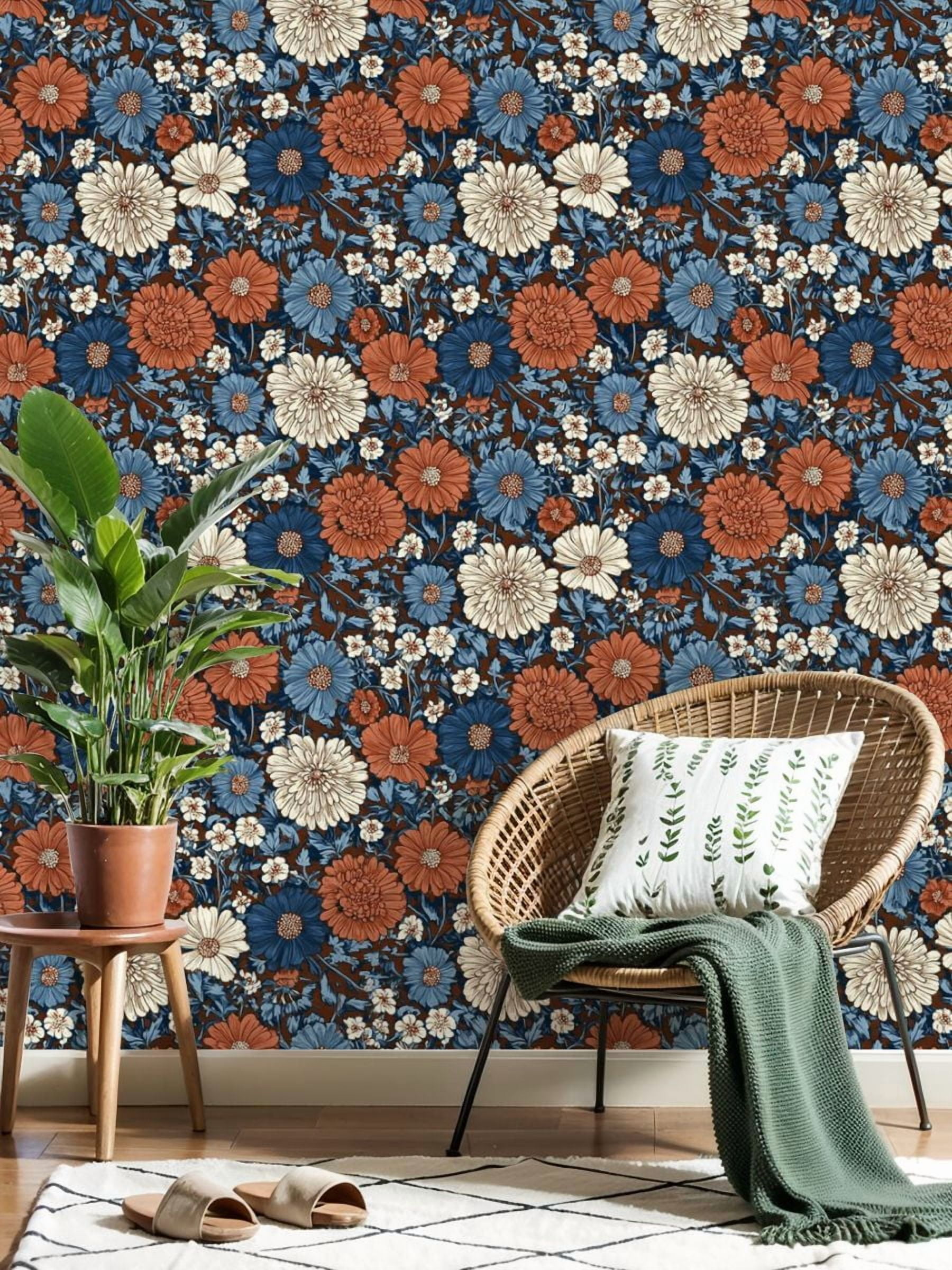 Peel and Stick Wallpaper 17.7in x 9.8ft Dark Brown Blue Vintage Floral White Accents Contact Paper Vinyl Self-Adhesive Removable Wall Paper for Bedroom Nursery Bathroom Renter Friendly