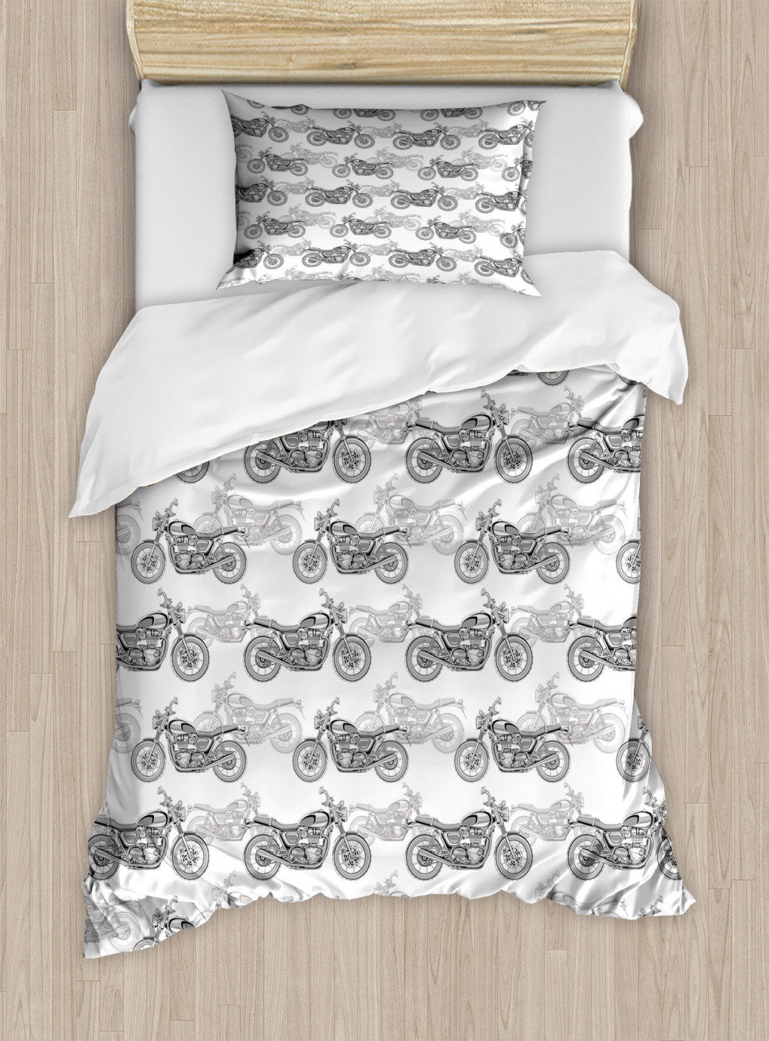 Motorcycle Duvet Cover Set Twin Size, Realistic Grayscale Illustration