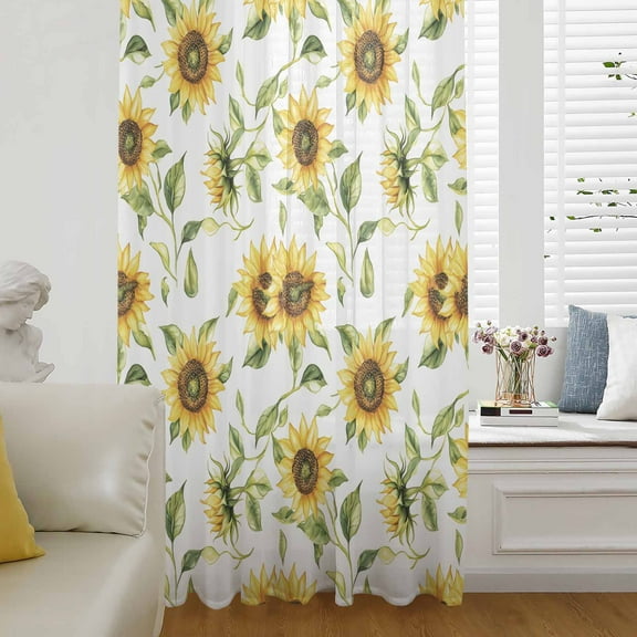 Sunflower Semi Sheer Curtains Drapes for Living Room, Bedroom, French Doors Window 84 Inches Long, Farmhouse Flowers Summer Botanical Rod Pocket Chiffon Curtain Drapery Voile Draperies Panel