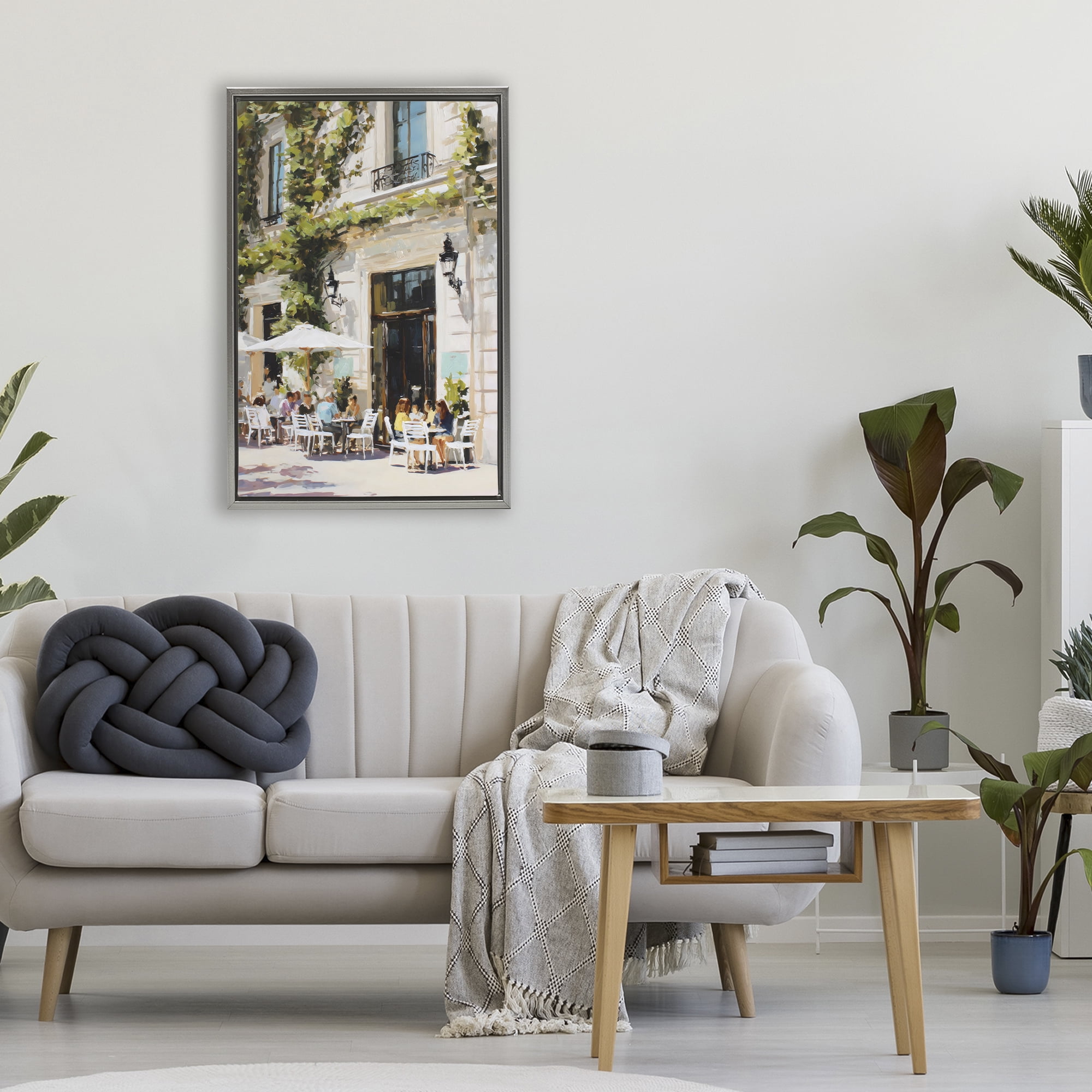 Stupell Industries Streetside Cafe Terrace with Ivy Gray Framed Floater Canvas Wall Art, design by Petal Prints Design