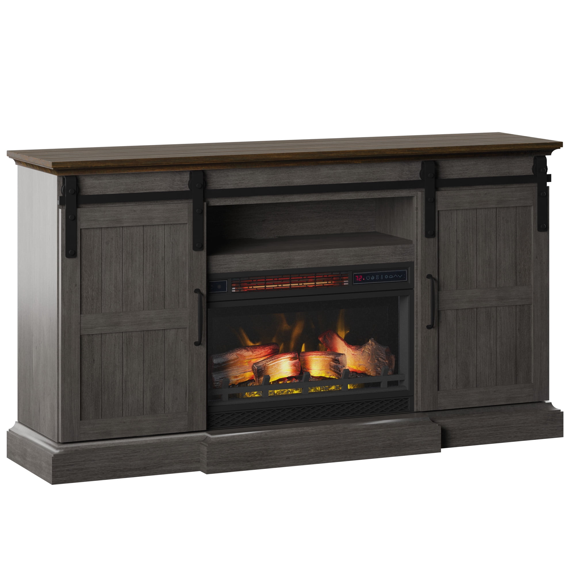 Twin Star Home Sliding Barn Door TV Stand for TVs up to 70” with Electric Fireplace in Gray