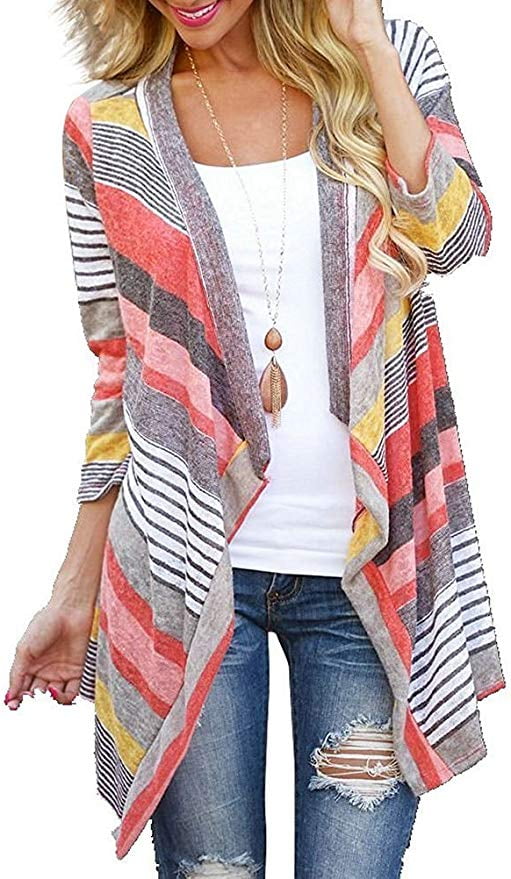 Womens 3/4 Sleeve Cardigans Lightweight Striped Printed Kimono Casual Open Front Draped Knit Loose Cardigan