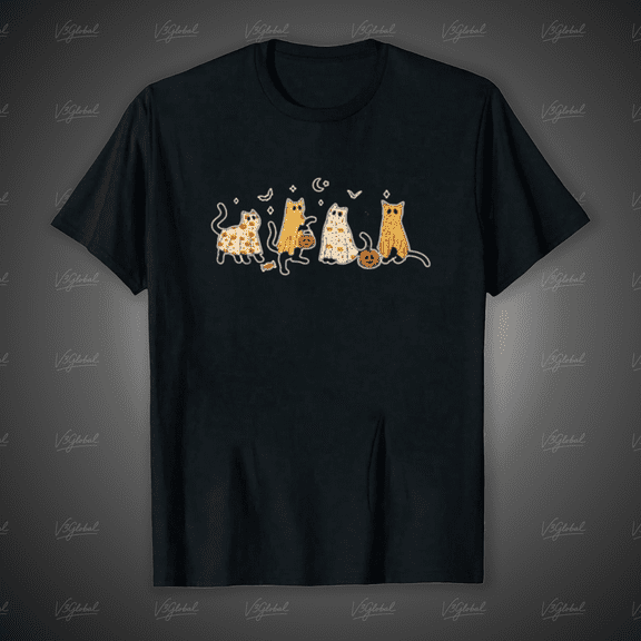 Cute Black Cats in Ghost Costume Halloween Unisex T-Shirt, up to size 5XL