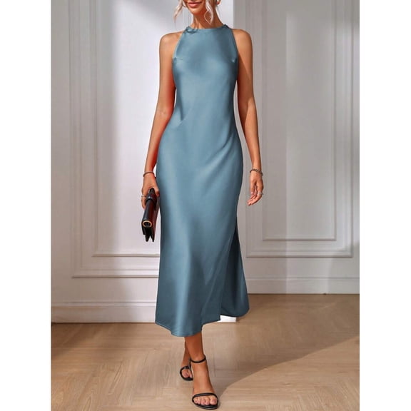 Dusty Blue Elegant Sleeveless High Neck Maxi Dress With Fishtail Hem