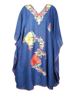Mogul Women Embellished Berry Blue Floral Short Caftan Lounger Cover Up BOHO CHIC Tunic Dress One Size