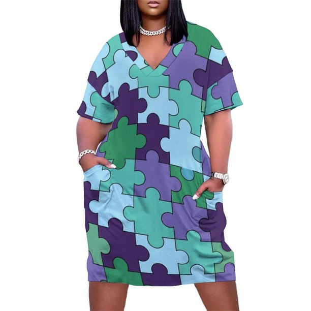 Diseño de rompecabezas colorido. Vestido holgado con bolsillos. Vestido de gala para mujer.