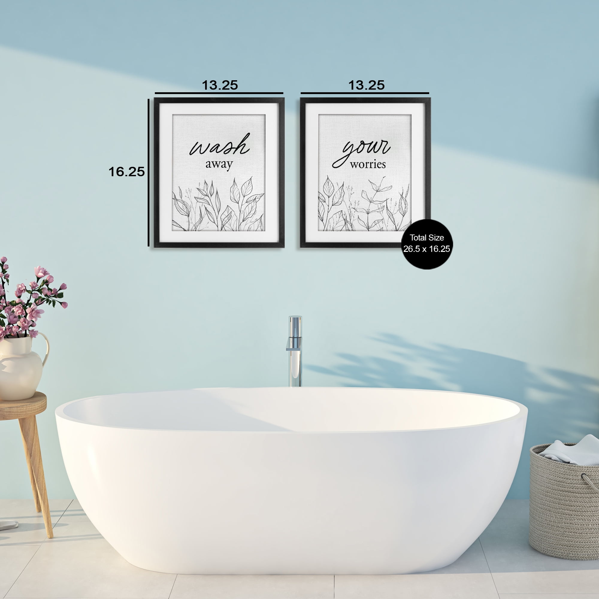 Wash Away Worries Minimalist Leaves 2 Piece Black Framed Print Under Glass Set, design by Lettered and Lined