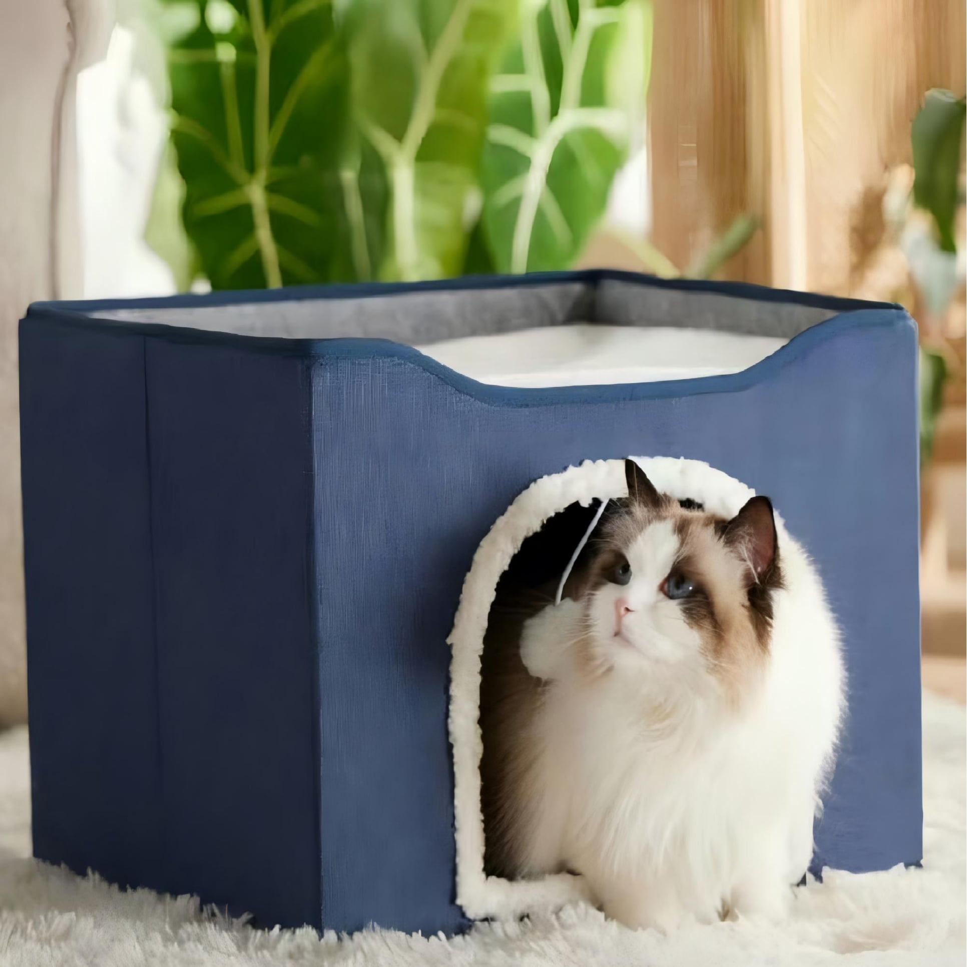 HDJ Cat Bed for Indoor Cats with Scratching Pad and Plush Ball, Pet, 6.5x16.5x14 Inches, Blue