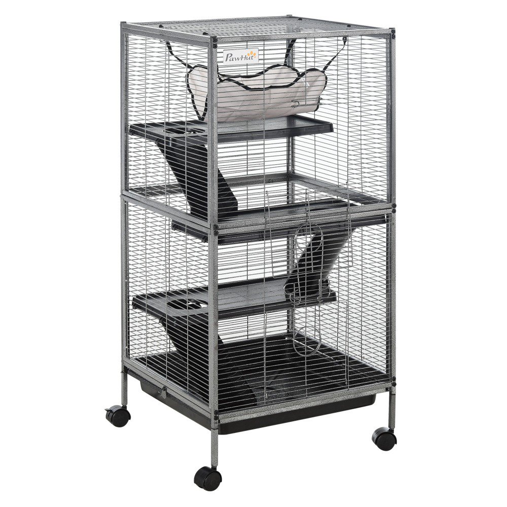 4-Tier Rolling Metal Small Animal Cage with Hammock & Removable Pull-out Tray, Large Multi-Level Ferret Chinchilla Sugar Glider Cage with Lockable Doors & Universal Casters, Gray 20.5"×20.5"×44.75"