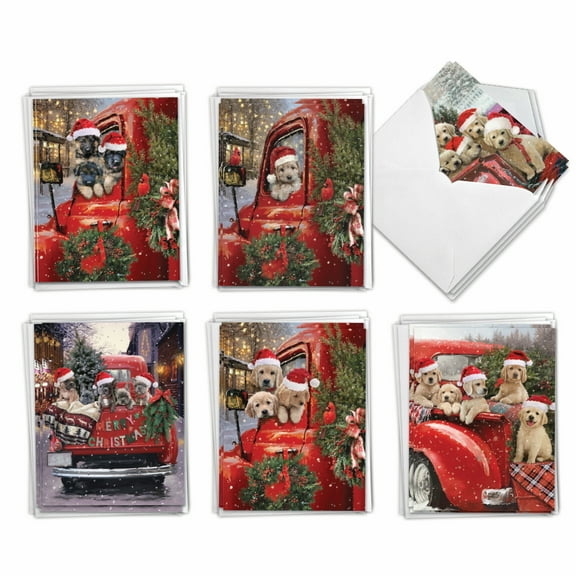 The Best Card Company 36 Assorted Christmas Notecards Box Set 4 x 5.12 Inch with Envelopes (6 Designs, 6 Each) Red Truck Puppies AM3375XSG-B6x6