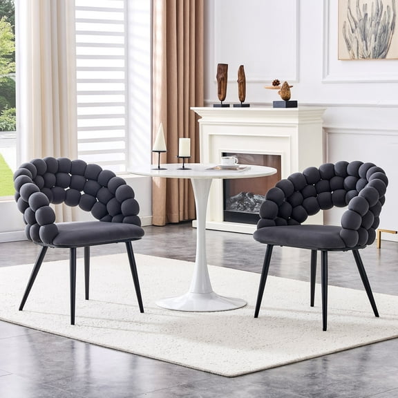 TesNus Set of 2 Gray Velvet Bubble Back Dining Chairs with Black Metal Legs, Modern Accent Side Chairs for Dining Room
