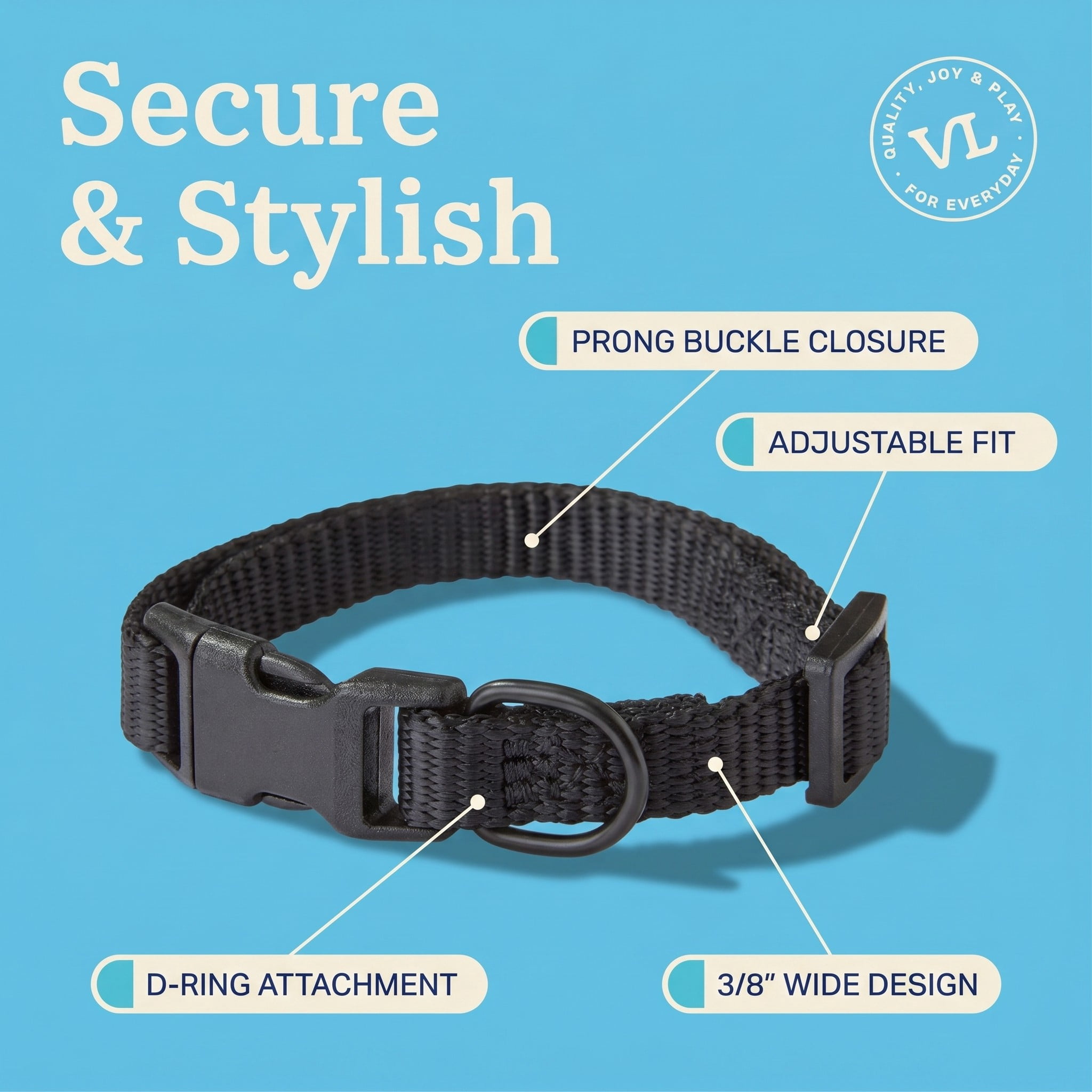 Vibrant Life Solid Polyester Adjustable Dog Collar, Black, X-Small