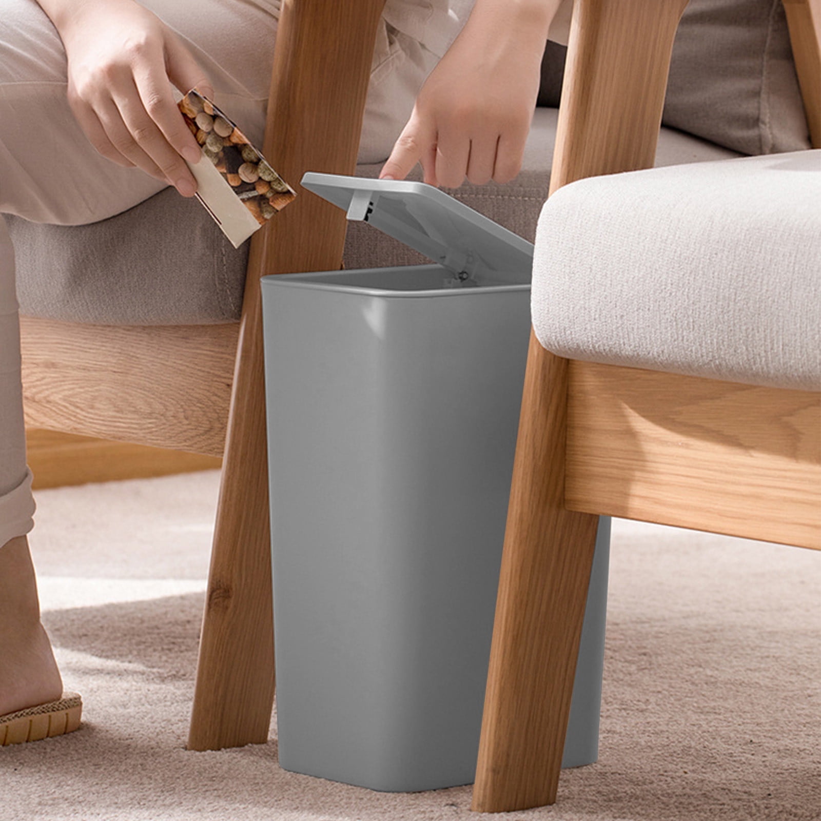 Bathroom Trash Can With Lid | Small Plastic Garbage Bin With Press Popup Lid | Narrow Wastebasket, Odor-Locking, Inner Bag Ring | Black/White/Gray | 13.1x8.7x6.2in | 1 Pack