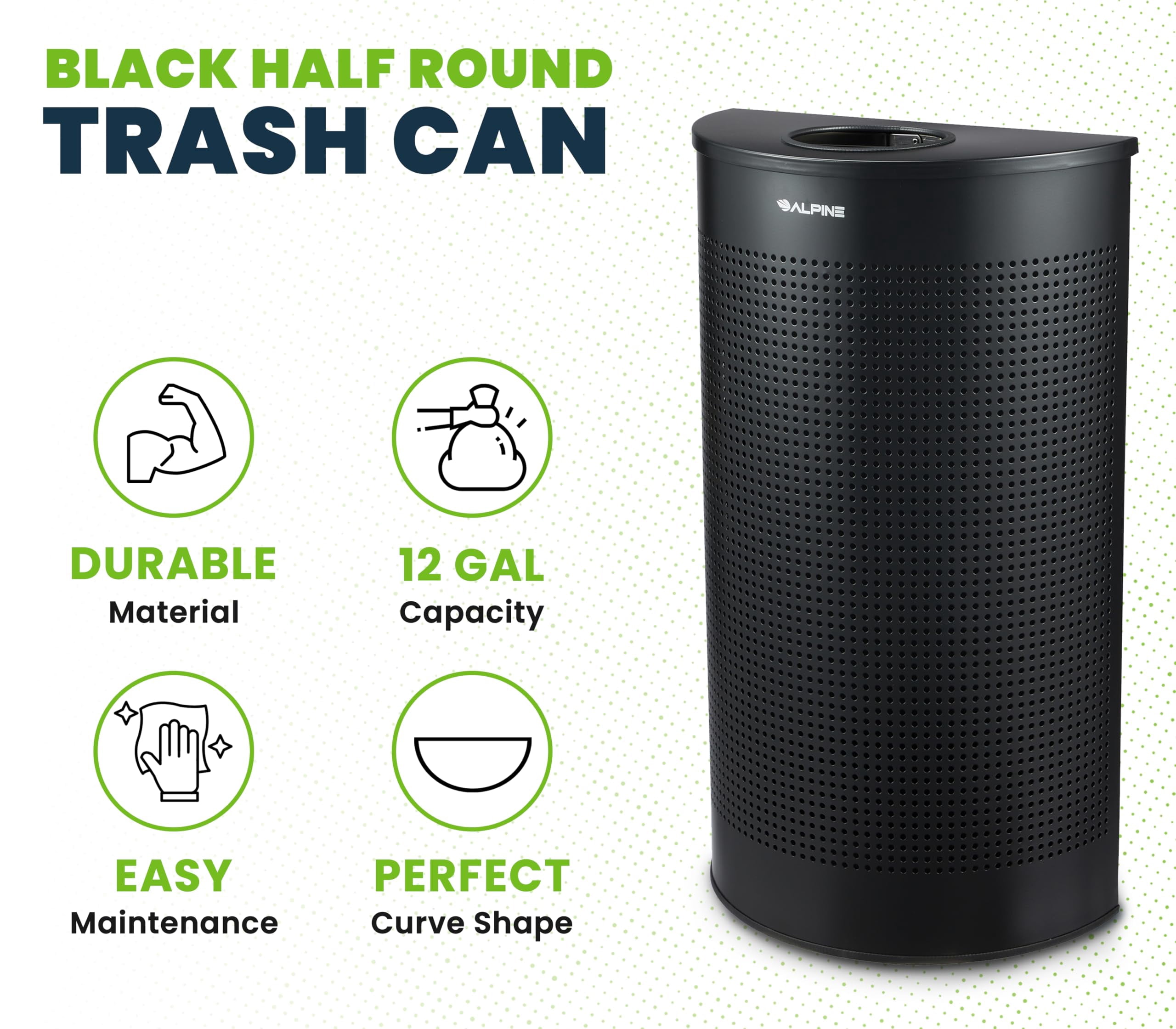 Alpine Half Round Trash Can Open Top - Modern Black Metal 12 Gallon Trash Can, Space Saving Indoor Commercial Trash Can, Perfect for Bathroom, Office, Lobby and Business.