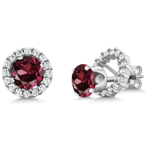 Gem Stone King 925 Sterling Silver Red Rhodolite Garnet Removable Jacket Stud Earrings for Women | 2.00 Cttw | Gemstone Birthstone| Round 6MM