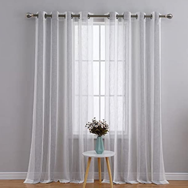 Cortinas transparentes de 137 cm de largo para sala de estar, dormitorio, baño, cortinas de gasa con ojales, cortinas de lino sintético a rayas, semicortinas, beige, 132 x 137 cm, 2 paneles