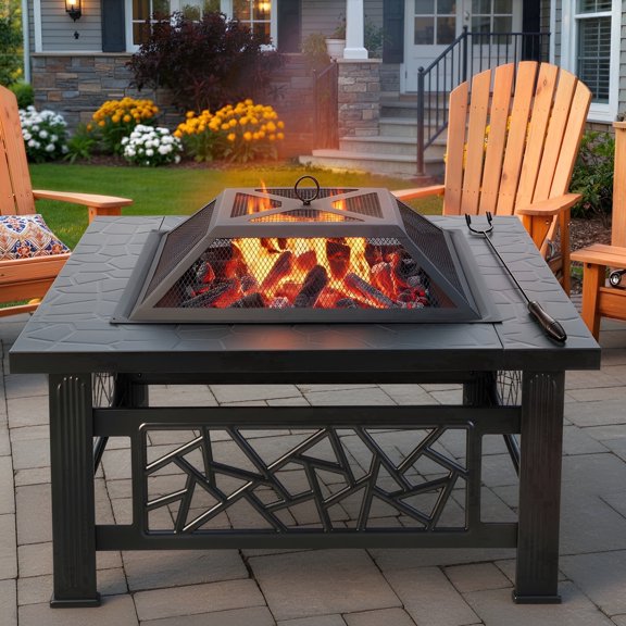 32" Fire Pit Table, UHOMEPRO 3-in-1 Outdoor Fire Pit with BBQ Grill, Mesh Lid & Cover, Modern Metal Square Wood Burning Fire Pit for Outside, Backyard, Patio & Camping