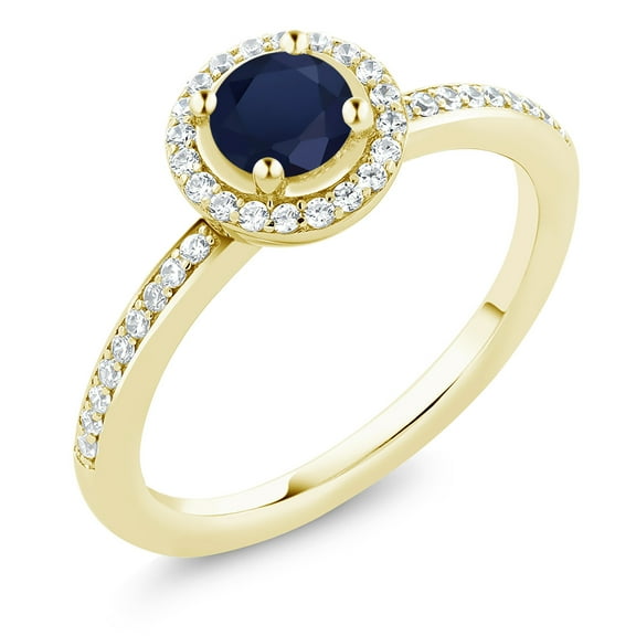 Gem Stone King 18K Yellow Gold Plated Silver Blue Sapphire Engagement Ring for Women (0.79 Cttw, Gemstone September Birthstone, Round 5MM, Size 7)