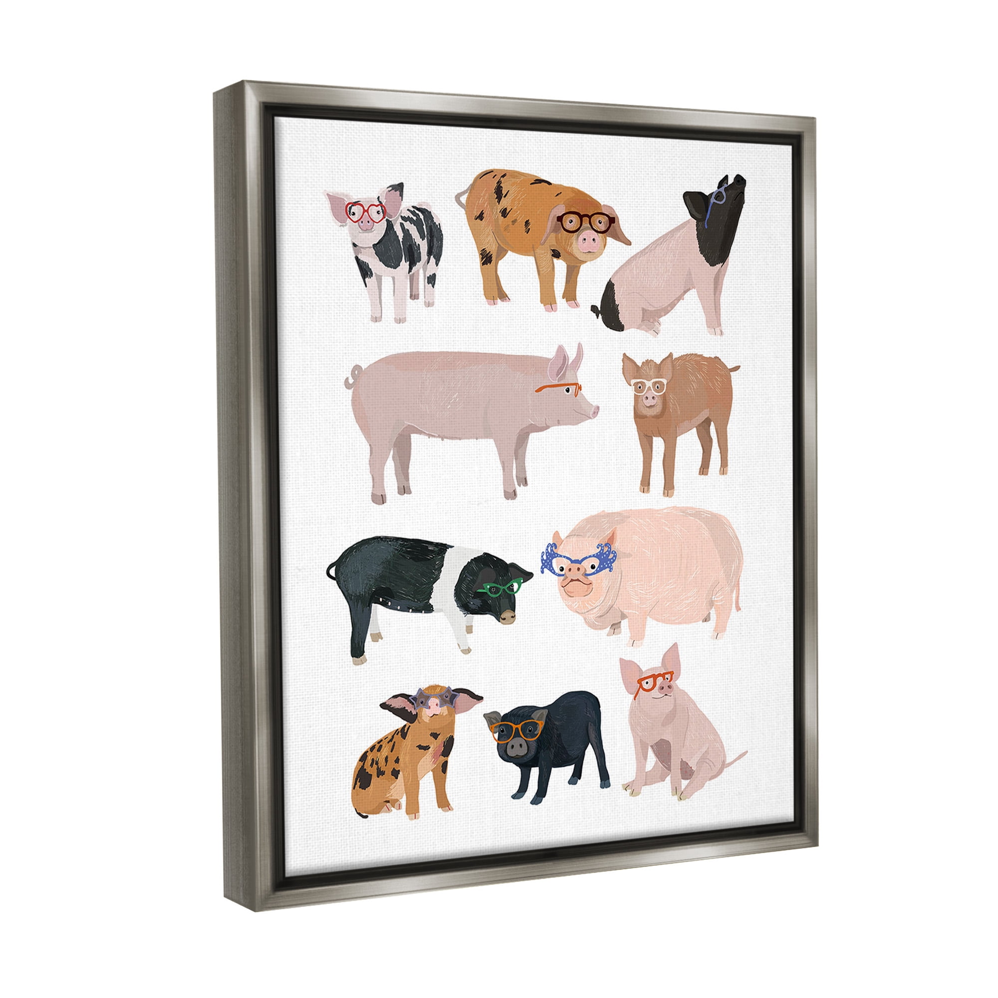 Stupell Industries Hipster Pigs in Glasses Animals & Insects Painting Gray Floater Framed Canvas Art Print Wall Art, 25 x 31