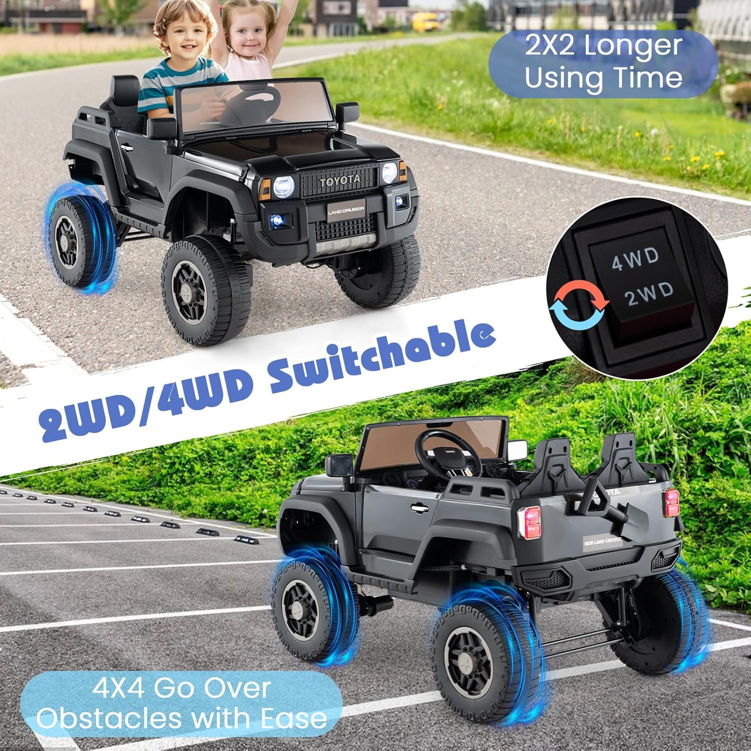 Licensed Toyota LC250 24V 2 Seater Ride on Truck by OLAKIDS, 2WD/4WD Battery Powered Vehicle with Remote Control, 3 Speeds, Music, Lights, Kids Electric Car for 3+ Boys Girls